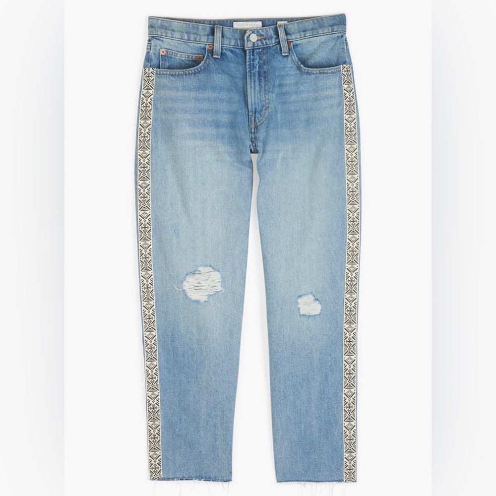 Lucky Brand Woman's Relaxed Fit Taper Side Stripe Aztec Distressed Jeans Sz 4/27